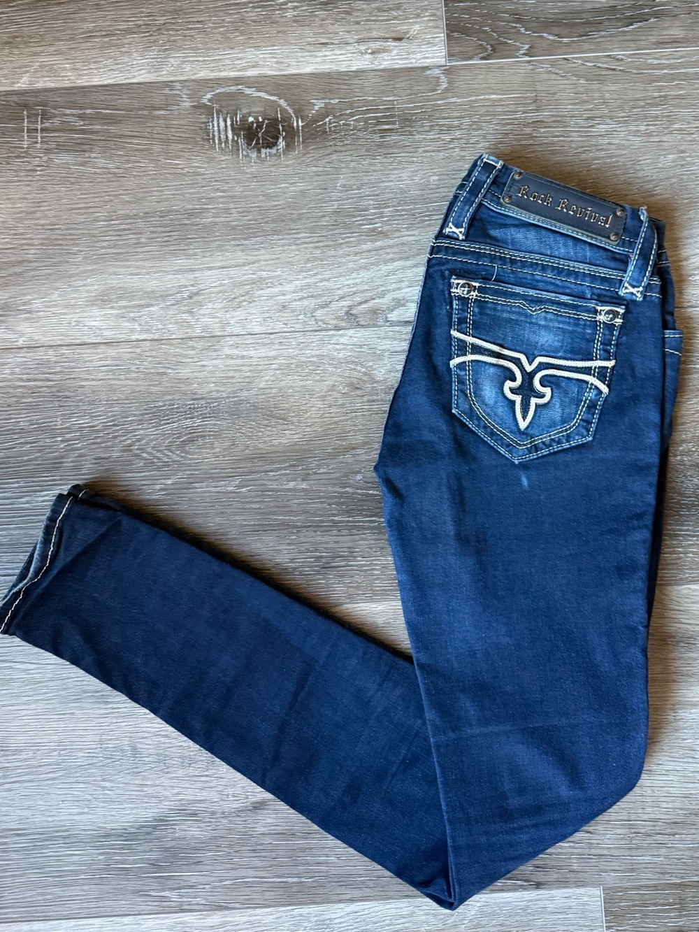 Rock Revival Dark Blue Skinny Jeans with White Contrast Stitching